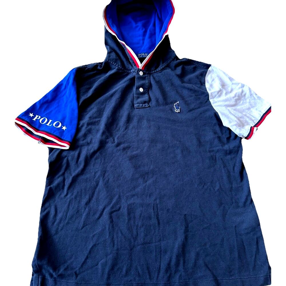 Y2K Ralph Lauren POLO Shirt Mens M Color Block Short Sleeve Hoodie RARE 90s